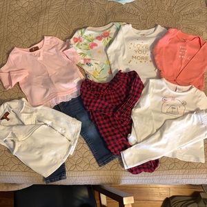 7 for All Mankind 3pc set, Buffalo check +3 onesies, sparkly leggings, bear top